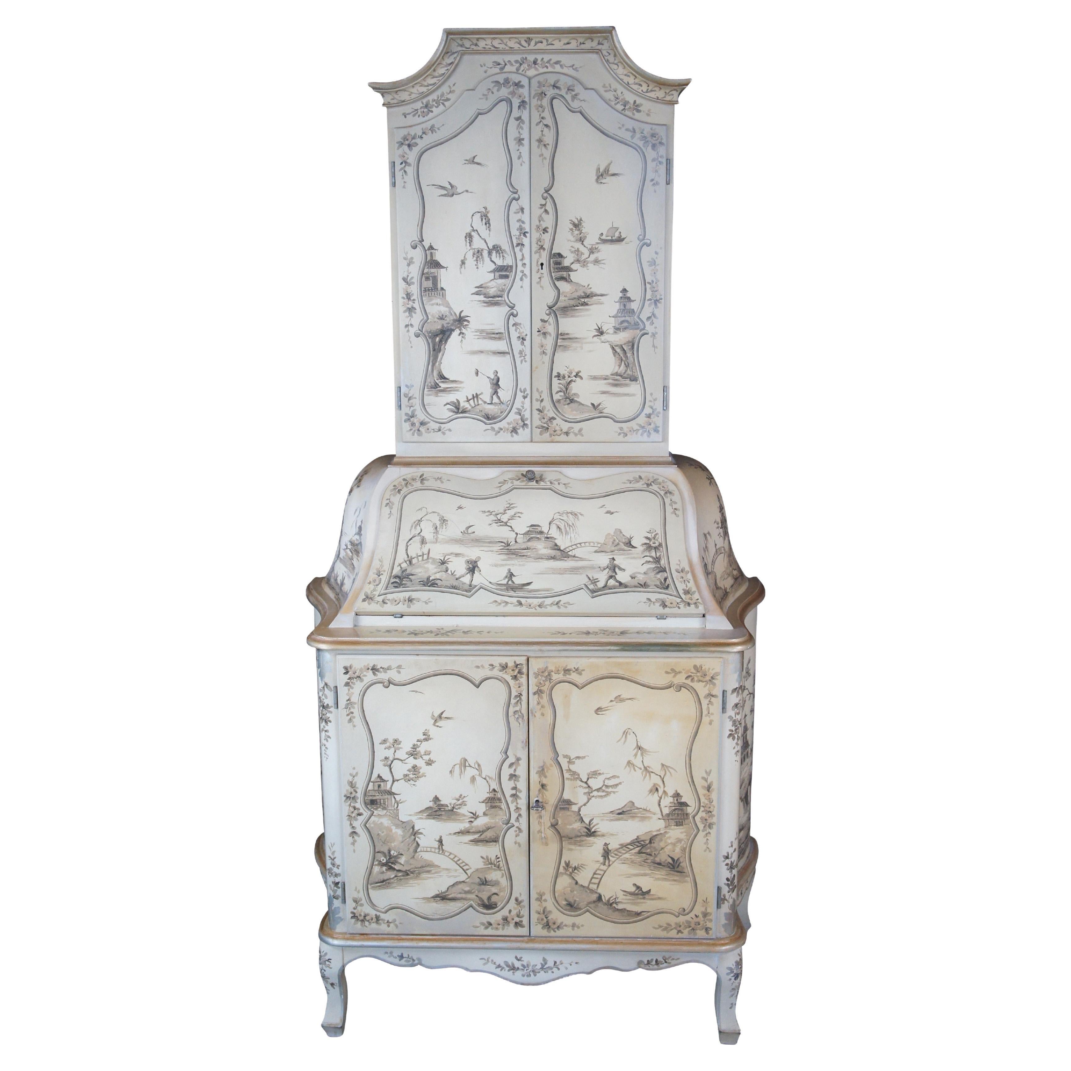 Italian Venetian Style Off White Chinoiserie Secretary Desk Bookcase Trumeau