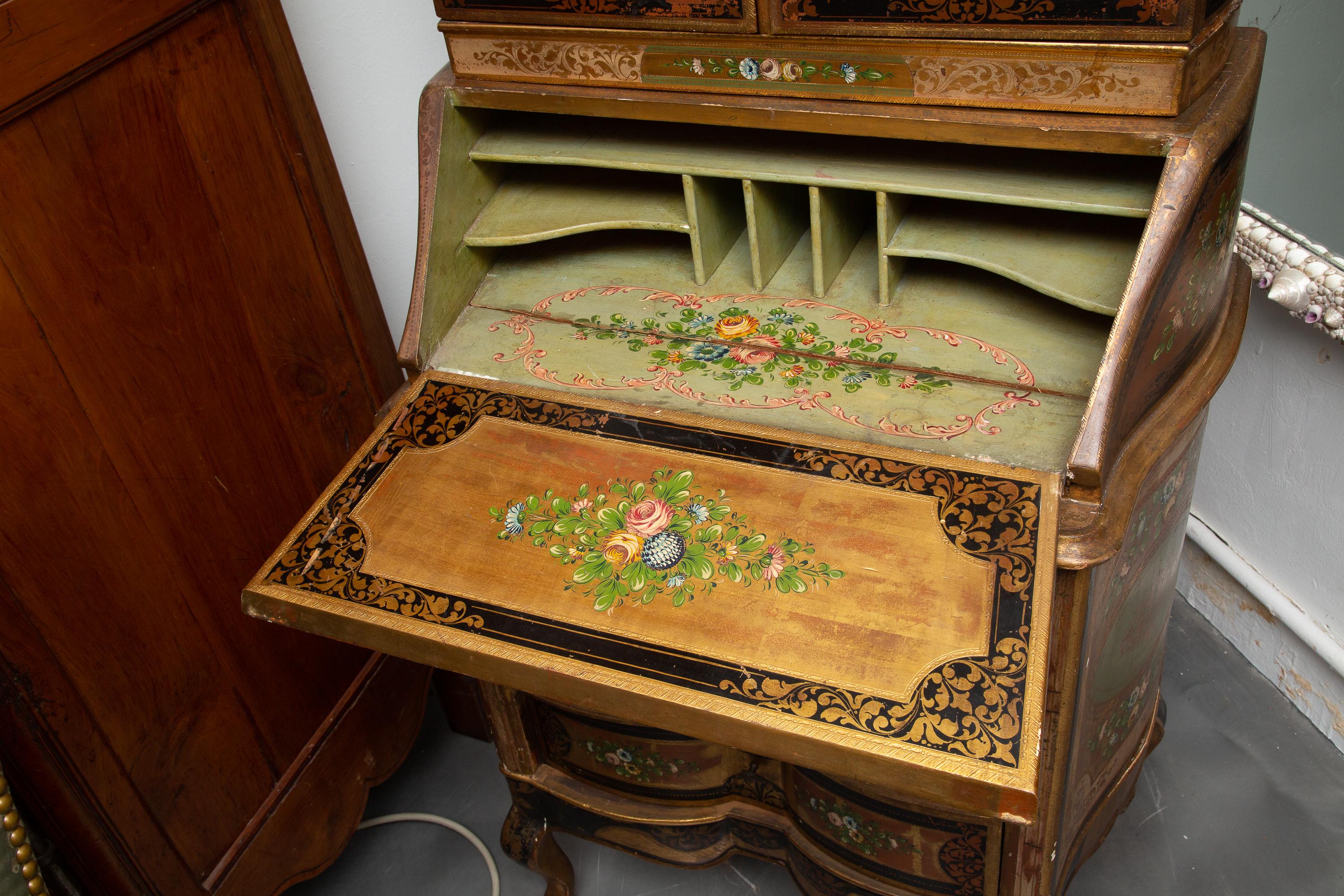 19th Century Italian Venetian Style Polychrome Secretary Bookcase For Sale
