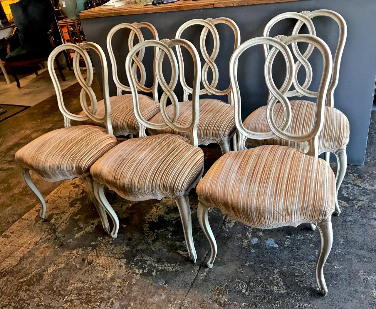 Hand-Carved Italian Venetian Style Ribbon Back Dining Chairs, Set of 8
