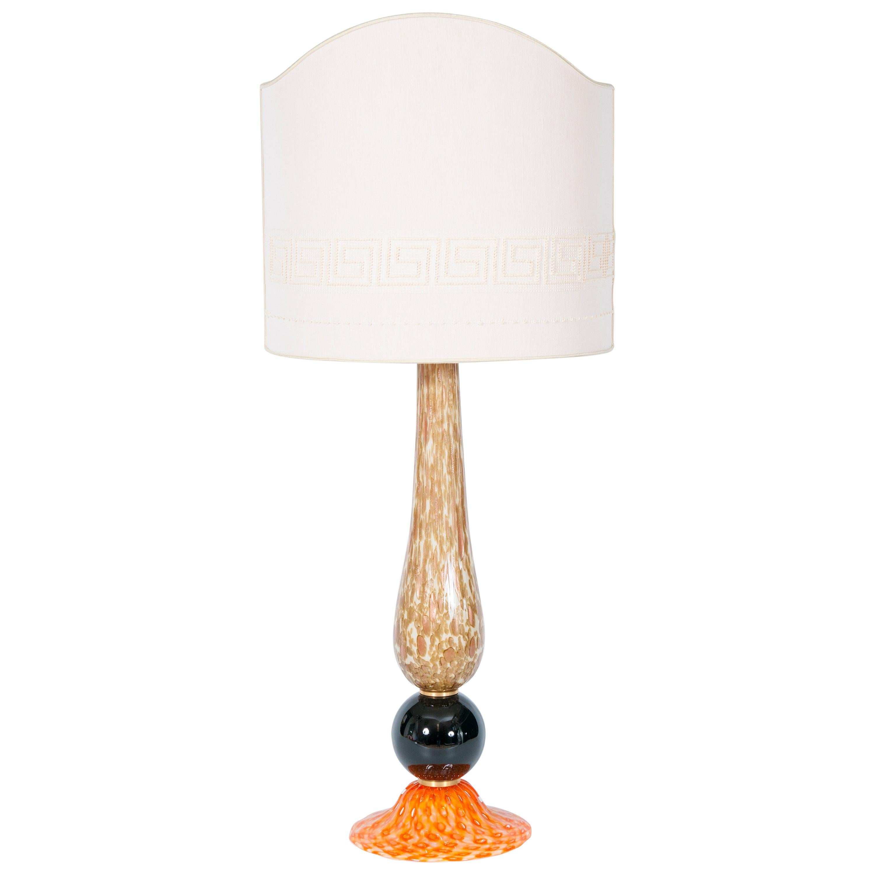 Italian Venetian Table Lamp in blown Murano Glass Orange Brown & White, 1980s