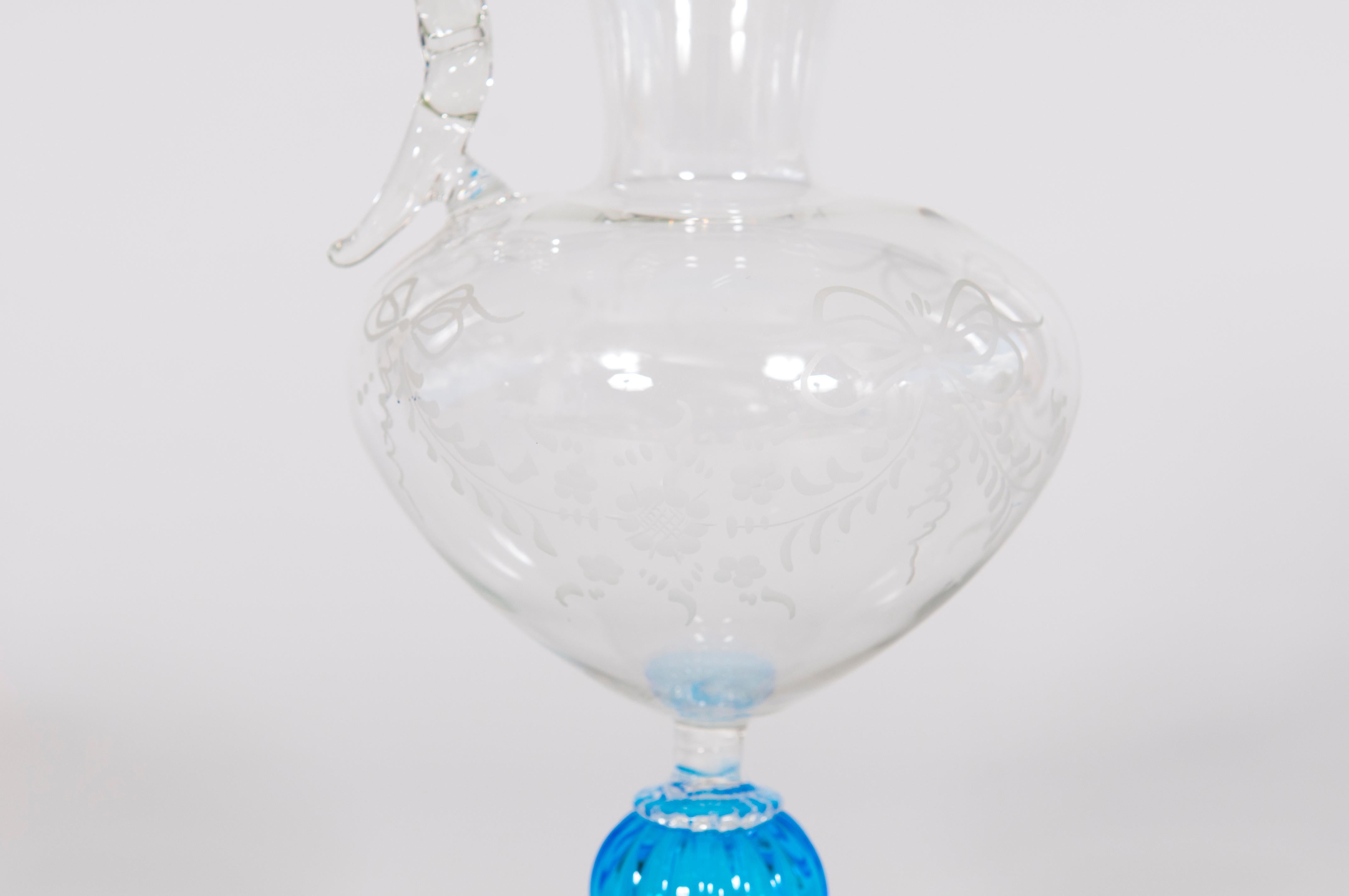Hand-Crafted Italian Venetian Transparent and Blue Murano Glass Carafe Contemporary, 1990s For Sale