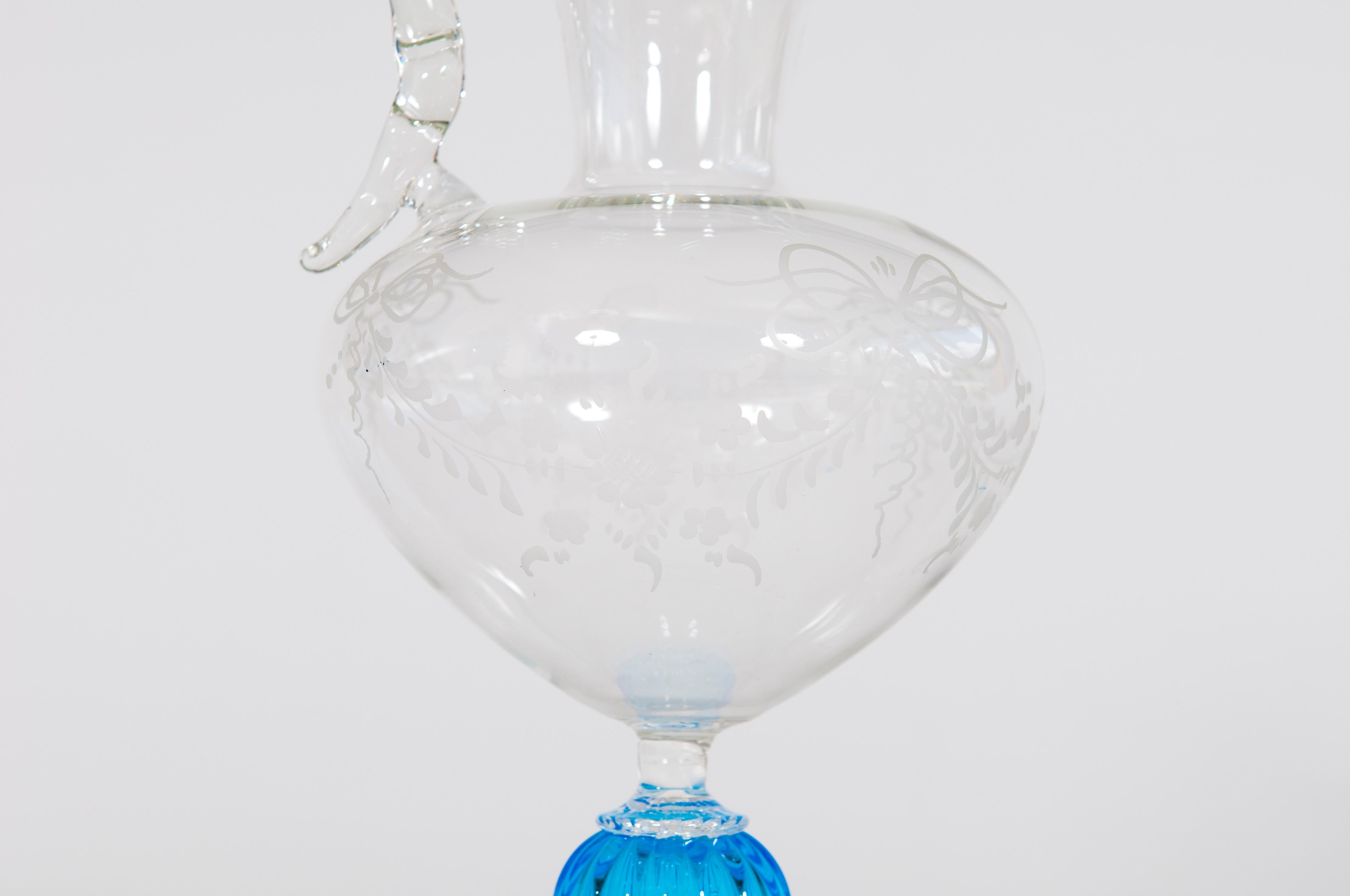 Italian Venetian Transparent and Blue Murano Glass Carafe Contemporary, 1990s For Sale 1