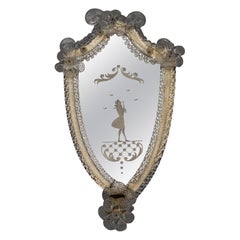 Vintage Italian Venetian Wall Mirror with Glass Frame and Candleholder, 1930s