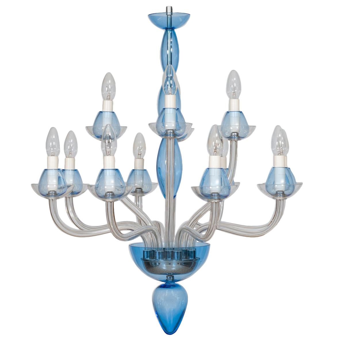 Italian Venetian, Chandelier, blown Murano Glass, Transparent & Light-Blue, 1990s