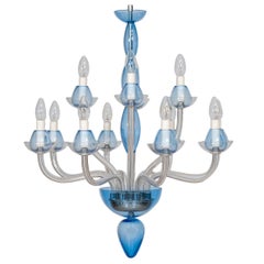 Italian Venetian, Chandelier, blown Murano Glass, Transparent & Light-Blue, 1990s