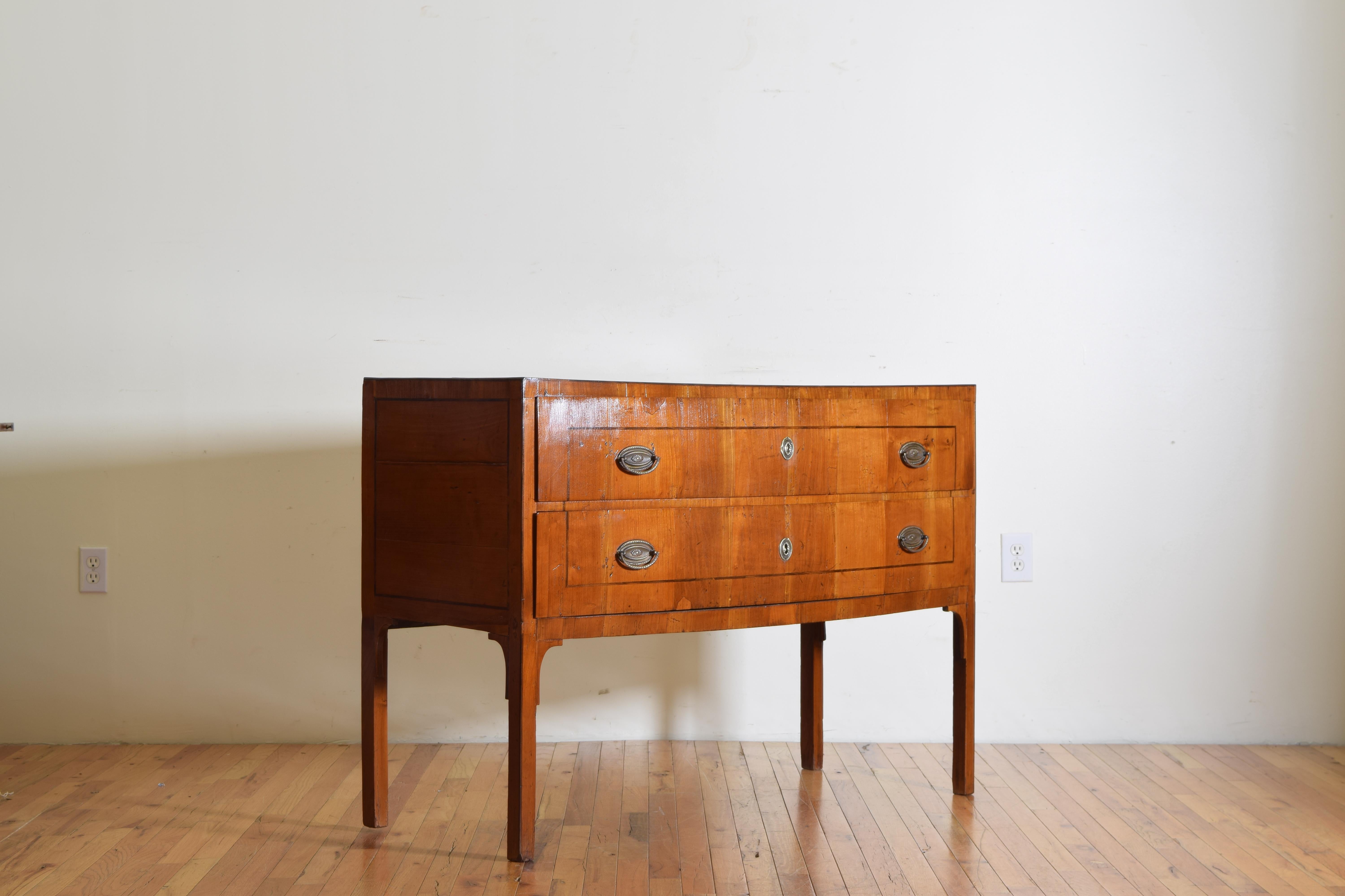 Neoclassical Italian, Veneto, Neoclassic Cherrywood and Ebonized 2-Drawer Bowfront Commode