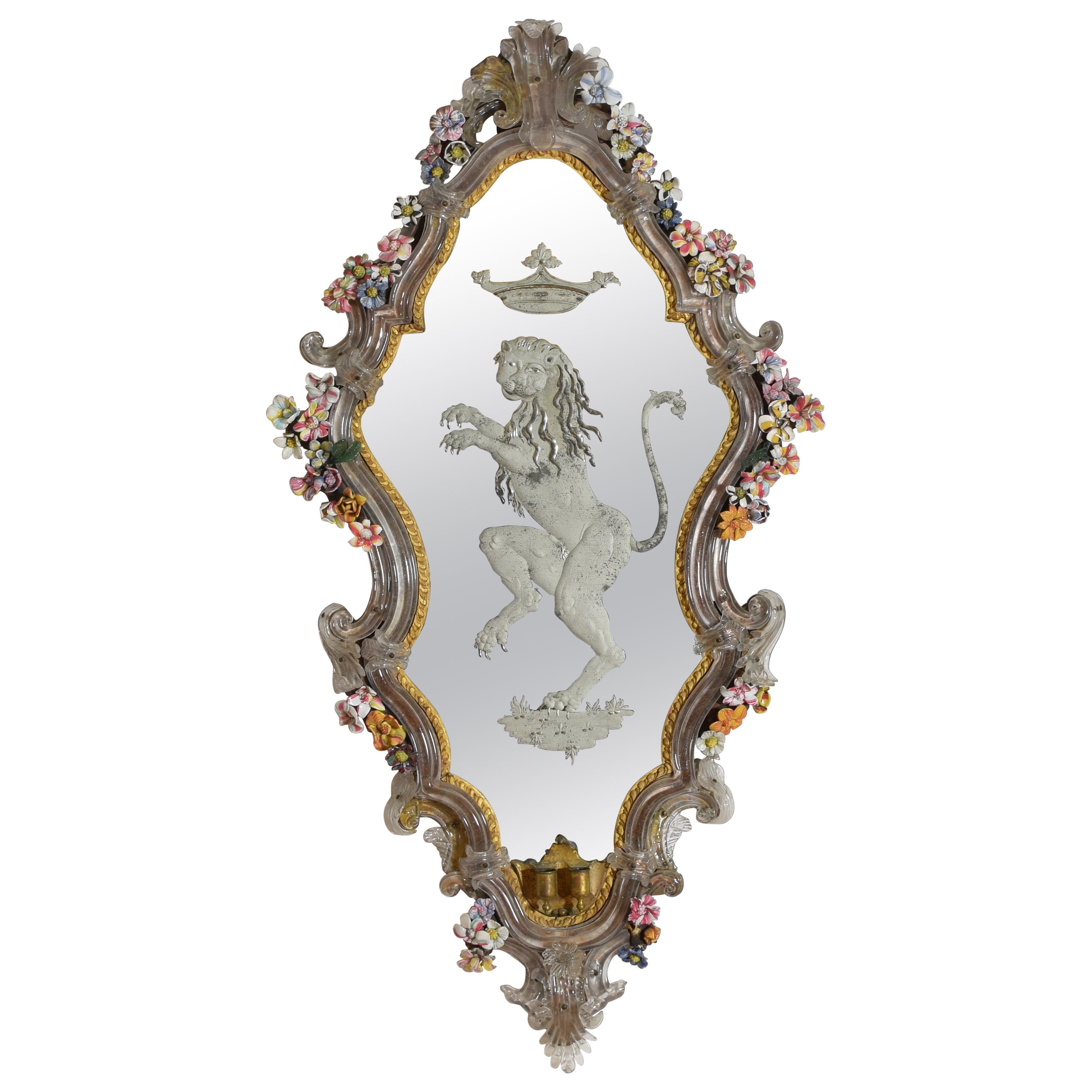 Italian, Venezia, Etched Glass and Floral Decorated Mirror, mid 18th century