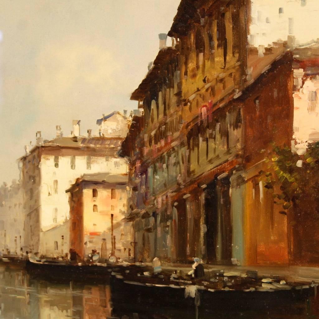 Carved Italian Venice View Signed Painting Oil on Canvas from 20th Century