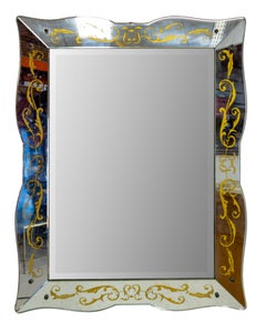 Miroir mural italien de Venise avec cadre en verre et motifs végétaux, vers 1940