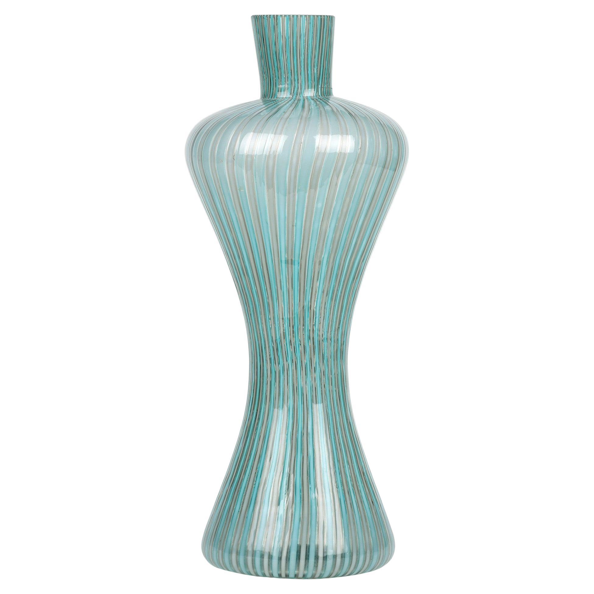 Italian Venini Attributed Mid-Century Mezza Filigrana Art Glass Vase For Sale