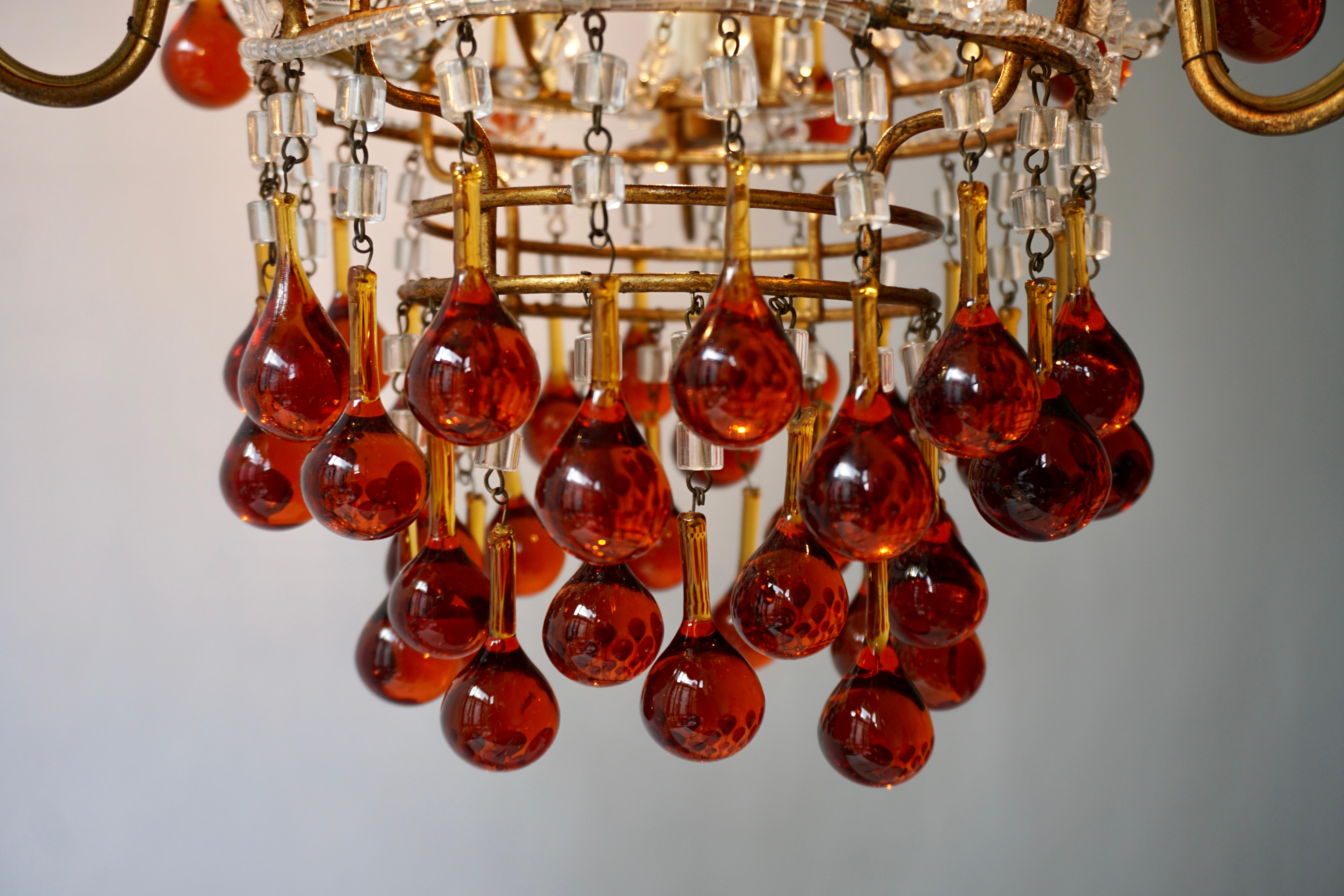 20th Century Italian Venini Style Chandelier with Murano Brown Glass Teardrops, 1950s For Sale