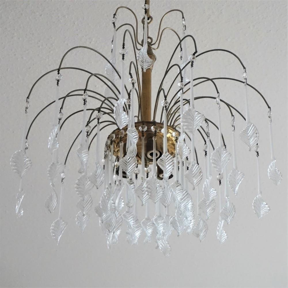 Brass Italian Venini Style Chandelier with Murano Glass Leaves, 1960s