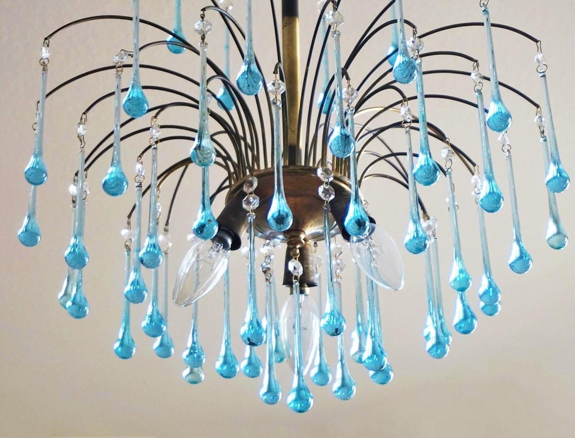Art Deco Italian Venini Style Chandelier with Murano Turquoise Glass Teardrops, 1950s For Sale