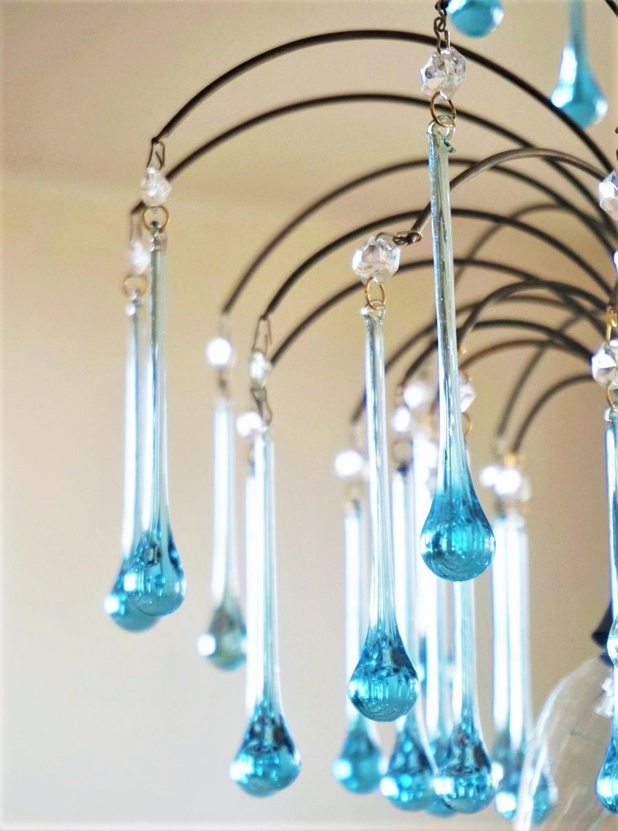 20th Century Italian Venini Style Chandelier with Murano Turquoise Glass Teardrops, 1950s For Sale