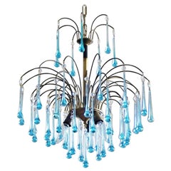 Araña italiana estilo Venini con lágrimas de cristal turquesa de Murano, años 1950