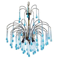 Vintage Italian Venini Style Chandelier with Murano Turquoise Glass Teardrops, 1950s