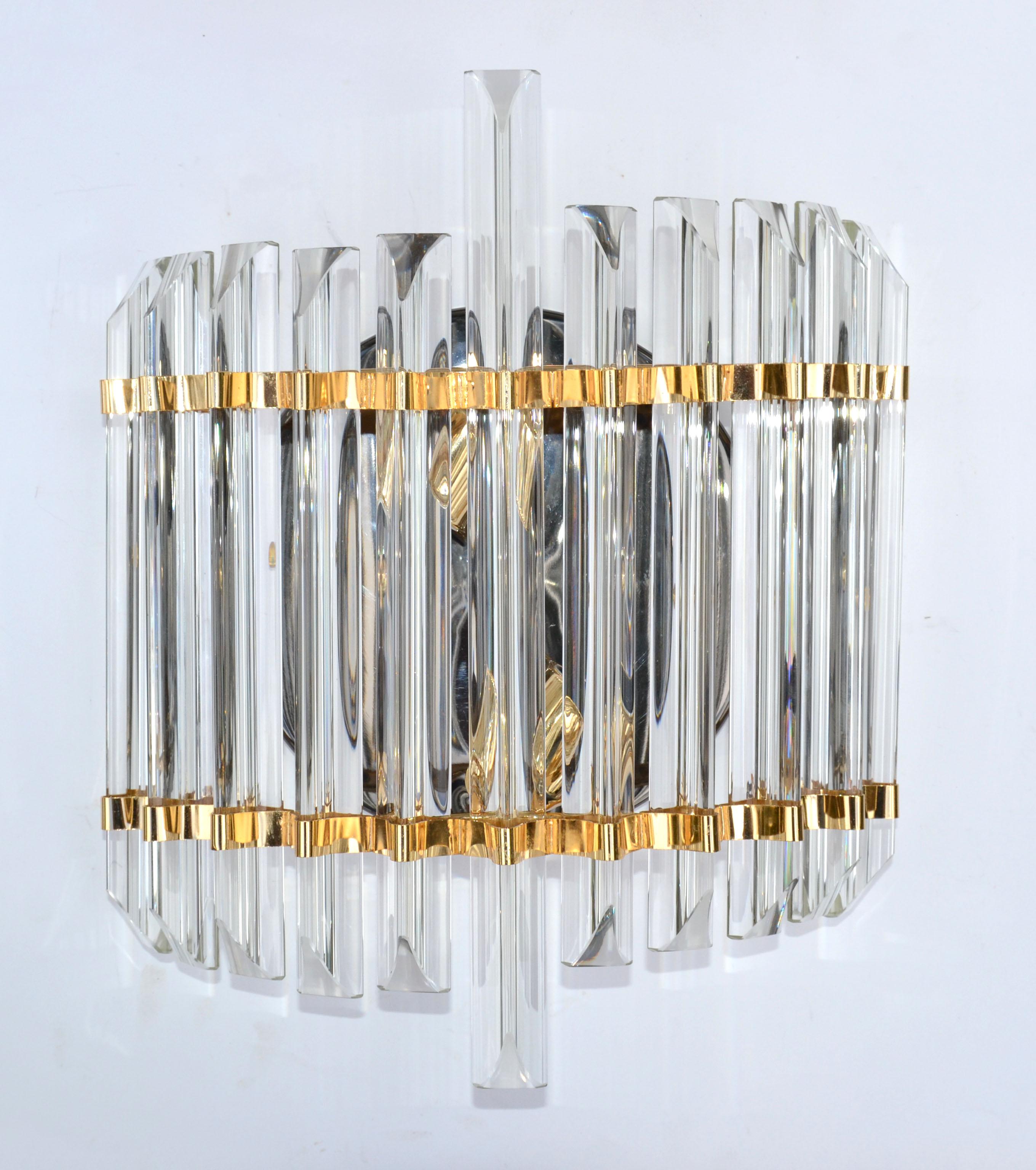 Metal Italian Venini Style Crystal & Brass Large Sconce, Wall Light Mid-Century Modern For Sale