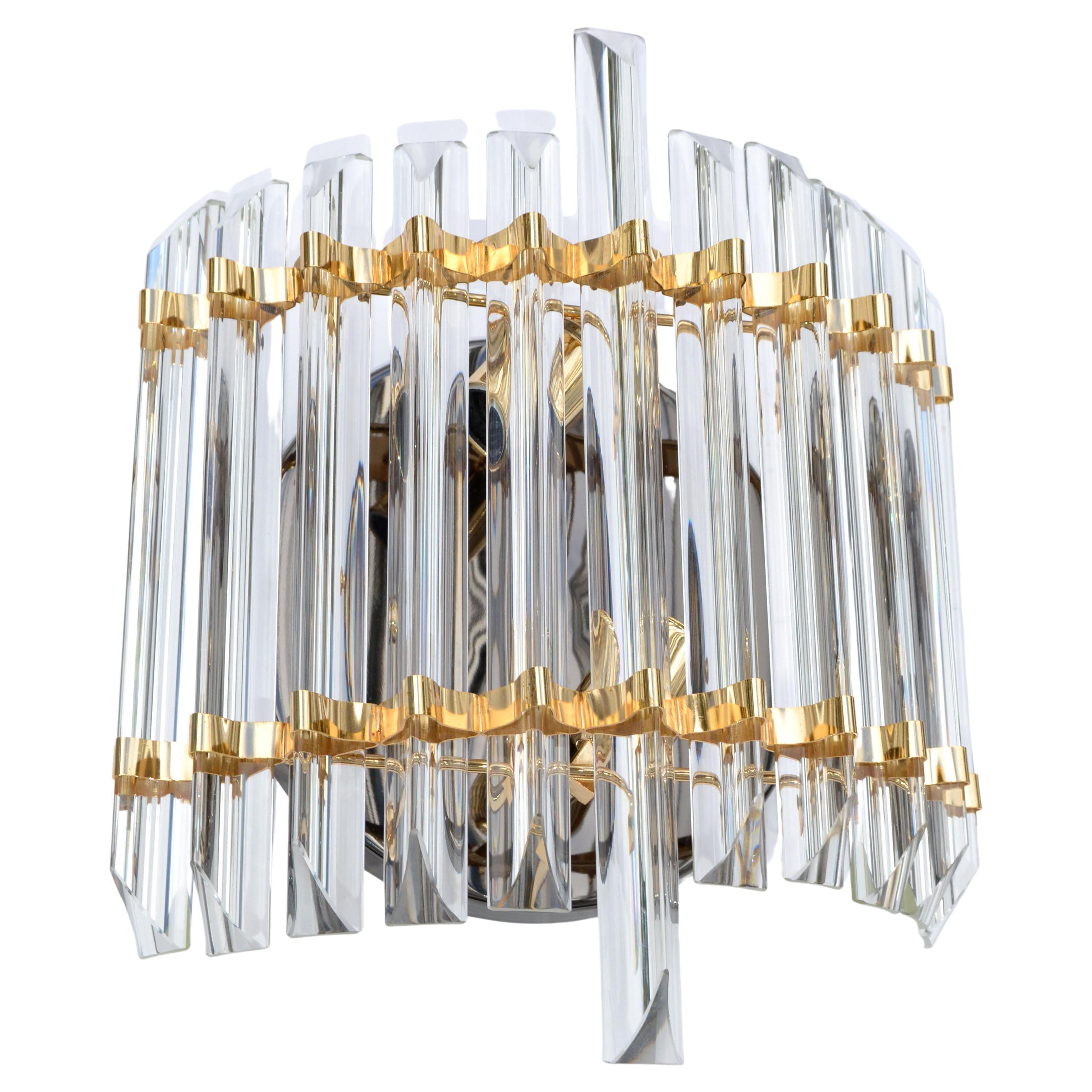Italian Venini Style Crystal & Brass Large Sconce, Wall Light Mid-Century Modern
