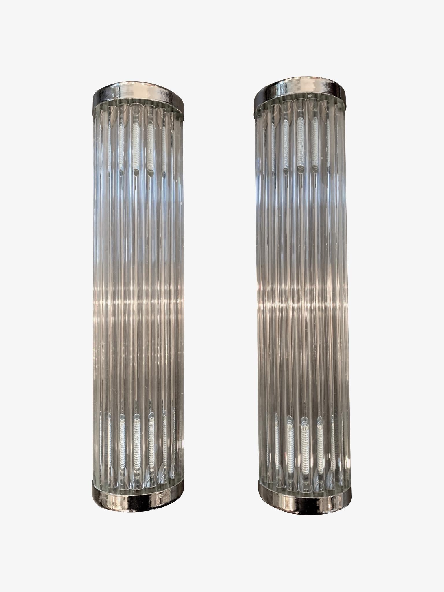 Contemporary Italian Venini Style Murano Glass Rod, Wall Sconces with Chrome Fittings