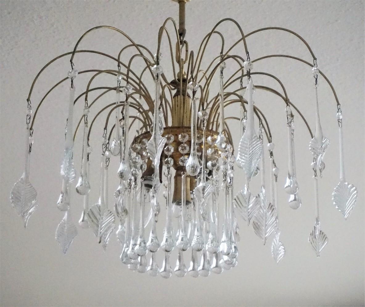 Art Deco Italian Venini Style Warterfall Chandelier with Murano Glass Leaves and Drops For Sale