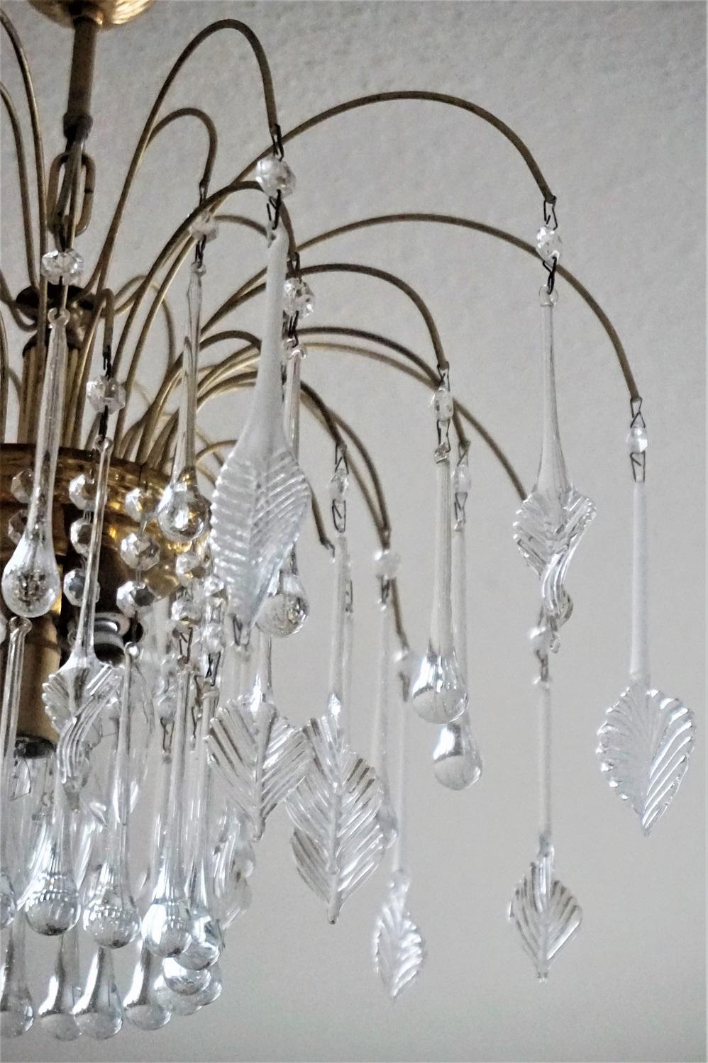 Brass Italian Venini Style Warterfall Chandelier with Murano Glass Leaves and Drops For Sale