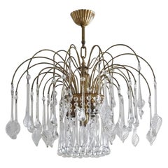 Retro Italian Venini Style Warterfall Chandelier with Murano Glass Leaves and Drops