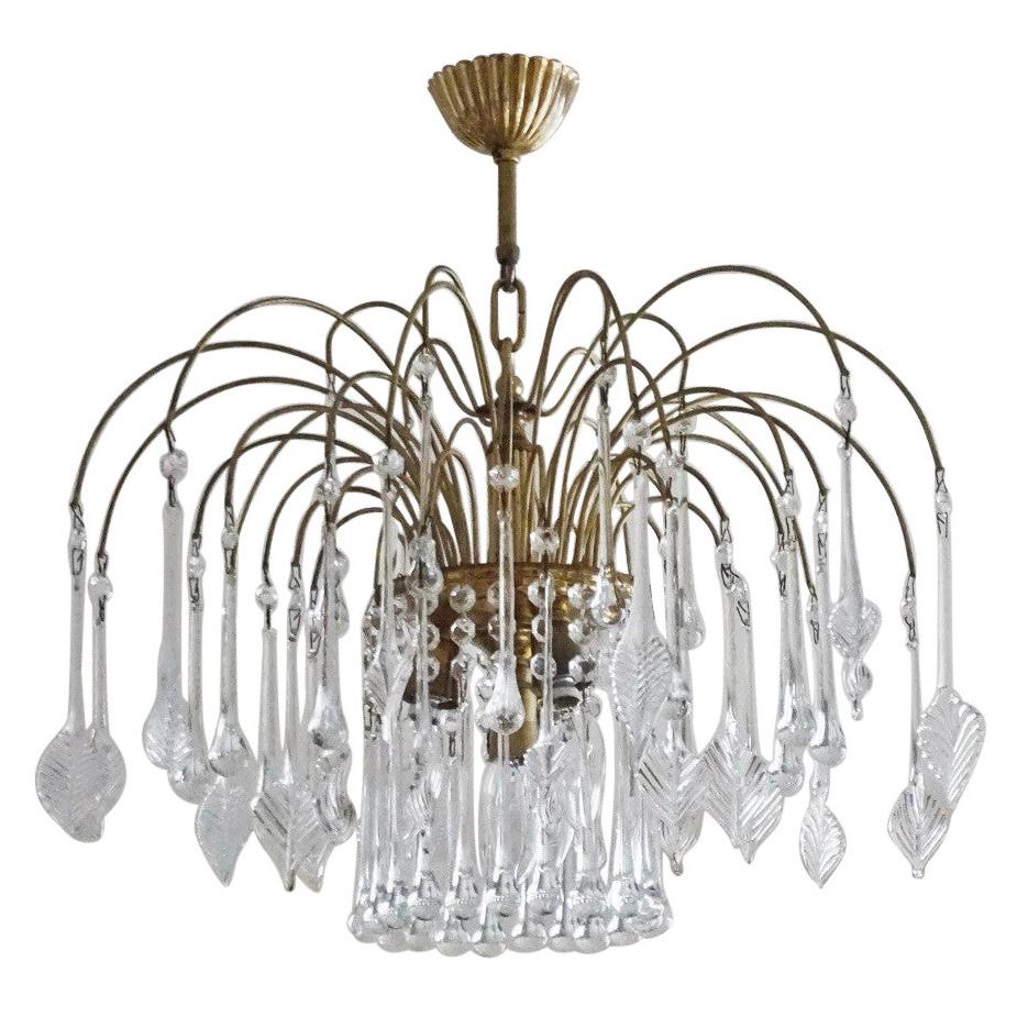 Italian Venini Style Warterfall Chandelier with Murano Glass Leaves and Drops