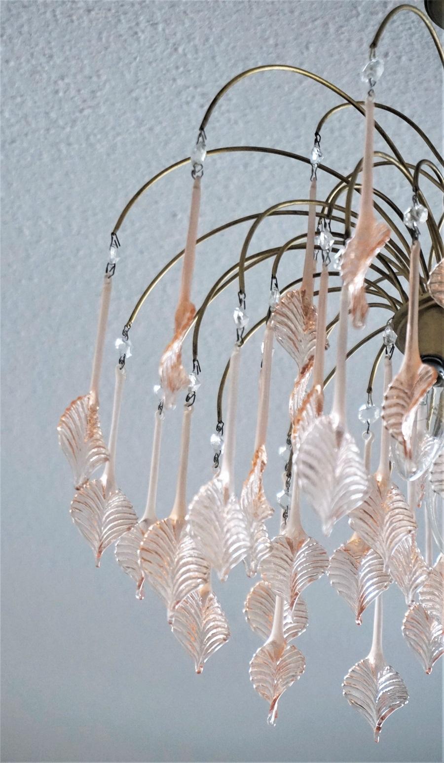 20th Century Italian Venini Style Warterfall Chandelier with Murano Pink Glass Leaves, 1960s