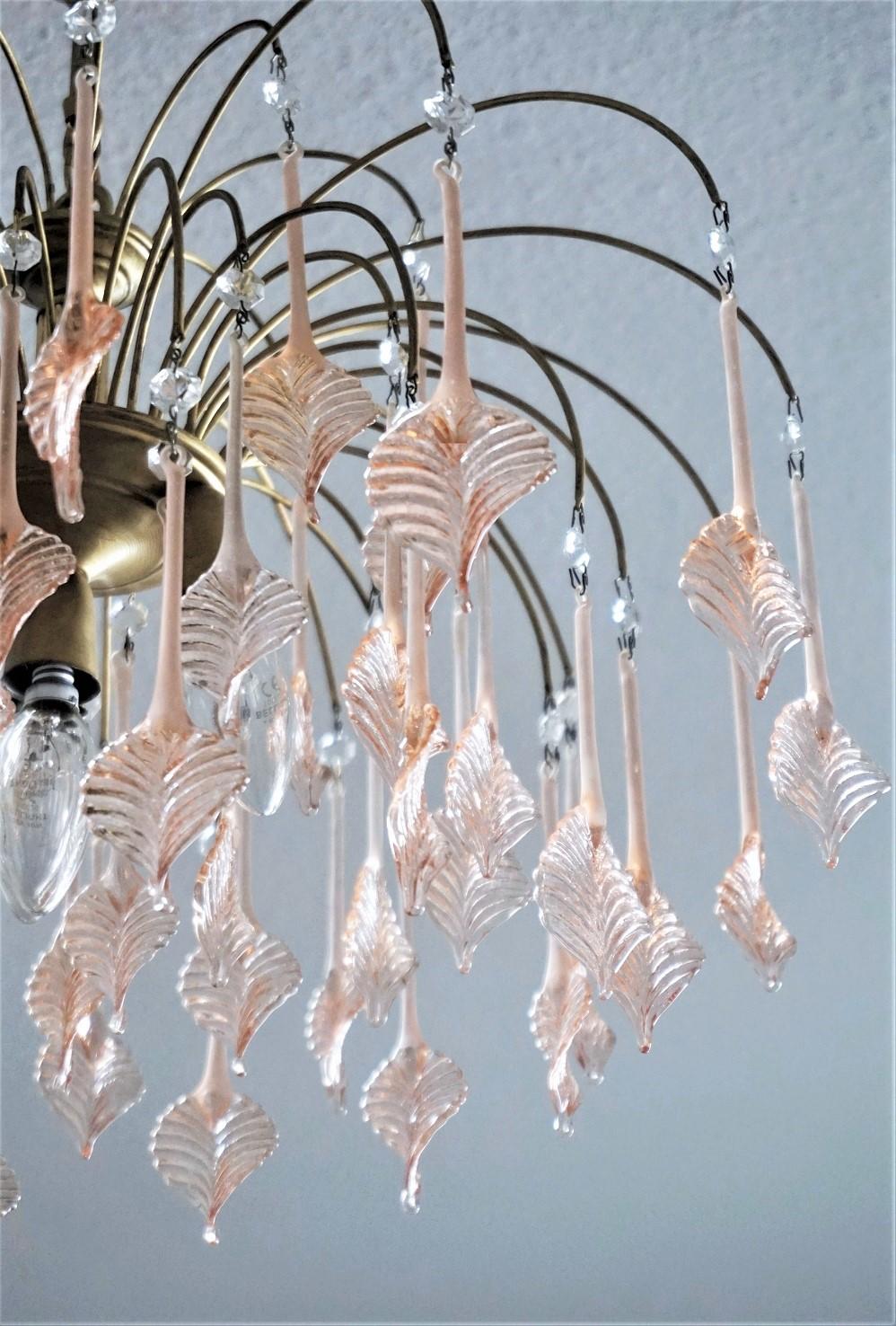 Brass Italian Venini Style Warterfall Chandelier with Murano Pink Glass Leaves, 1960s