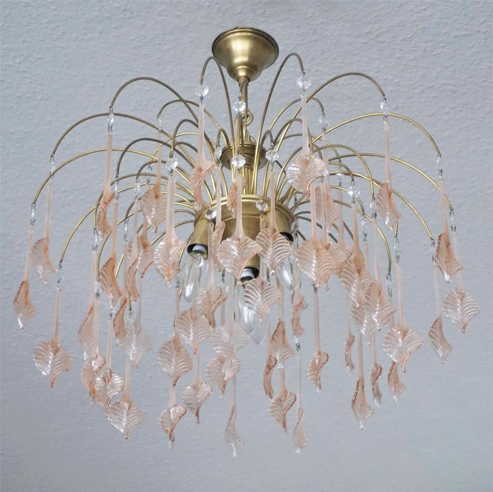 Italian Venini Style Warterfall Chandelier with Murano Pink Glass Leaves, 1960s 1