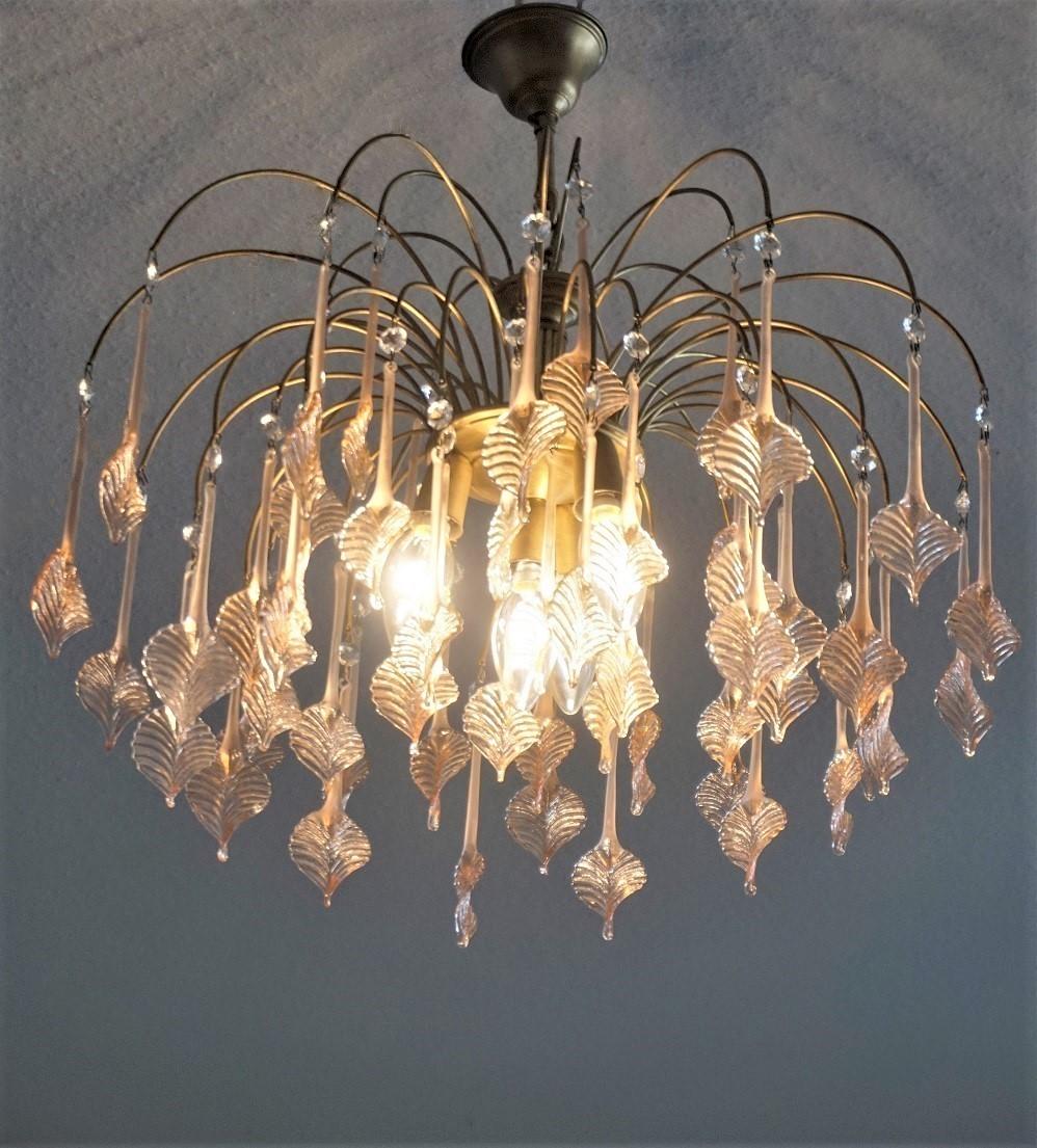 Italian Venini Style Warterfall Chandelier with Murano Pink Glass Leaves, 1960s 2