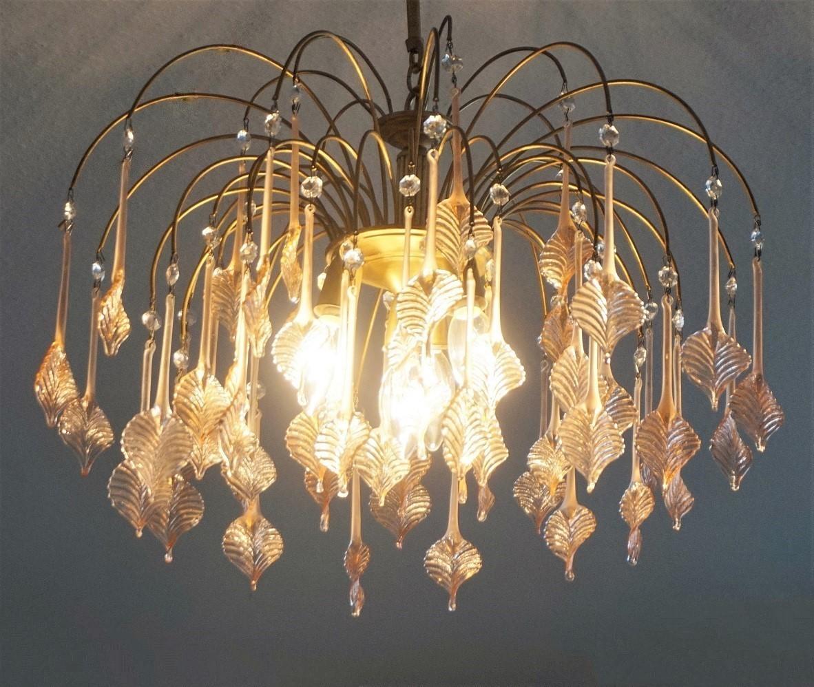 Italian Venini Style Warterfall Chandelier with Murano Pink Glass Leaves, 1960s 3