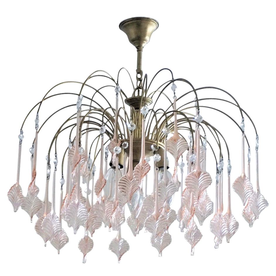 Italian Venini Style Warterfall Chandelier with Murano Pink Glass Leaves, 1960s