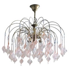 Italian Venini Style Warterfall Chandelier with Murano Pink Glass Leaves, 1960s