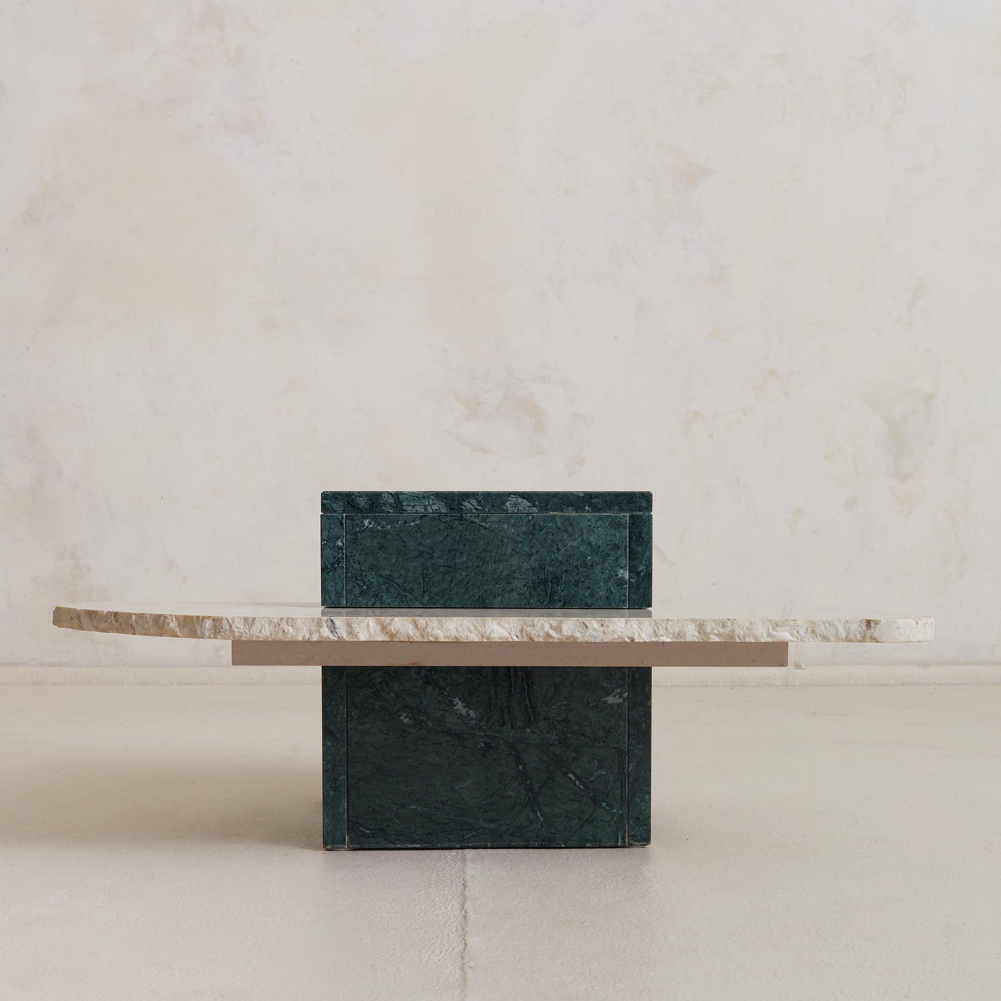 Late 20th Century Italian Verde Marble + Limestone Side Table, 1970s For Sale