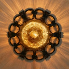 Italian Verdigris Iron + Amber Glass Sconce or Flush Mount, 1970s - 6 Available