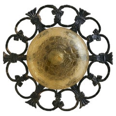 Italian Verdigris Iron + Amber Glass Sconce or Flush Mount, 1970s - 6 Available