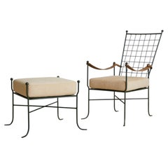 Italian Verdigris Iron Armchair with Ottoman, 1950s