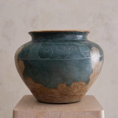 Italian Verdigris Terracotta Vessel with Swirl Motifs, 1940s