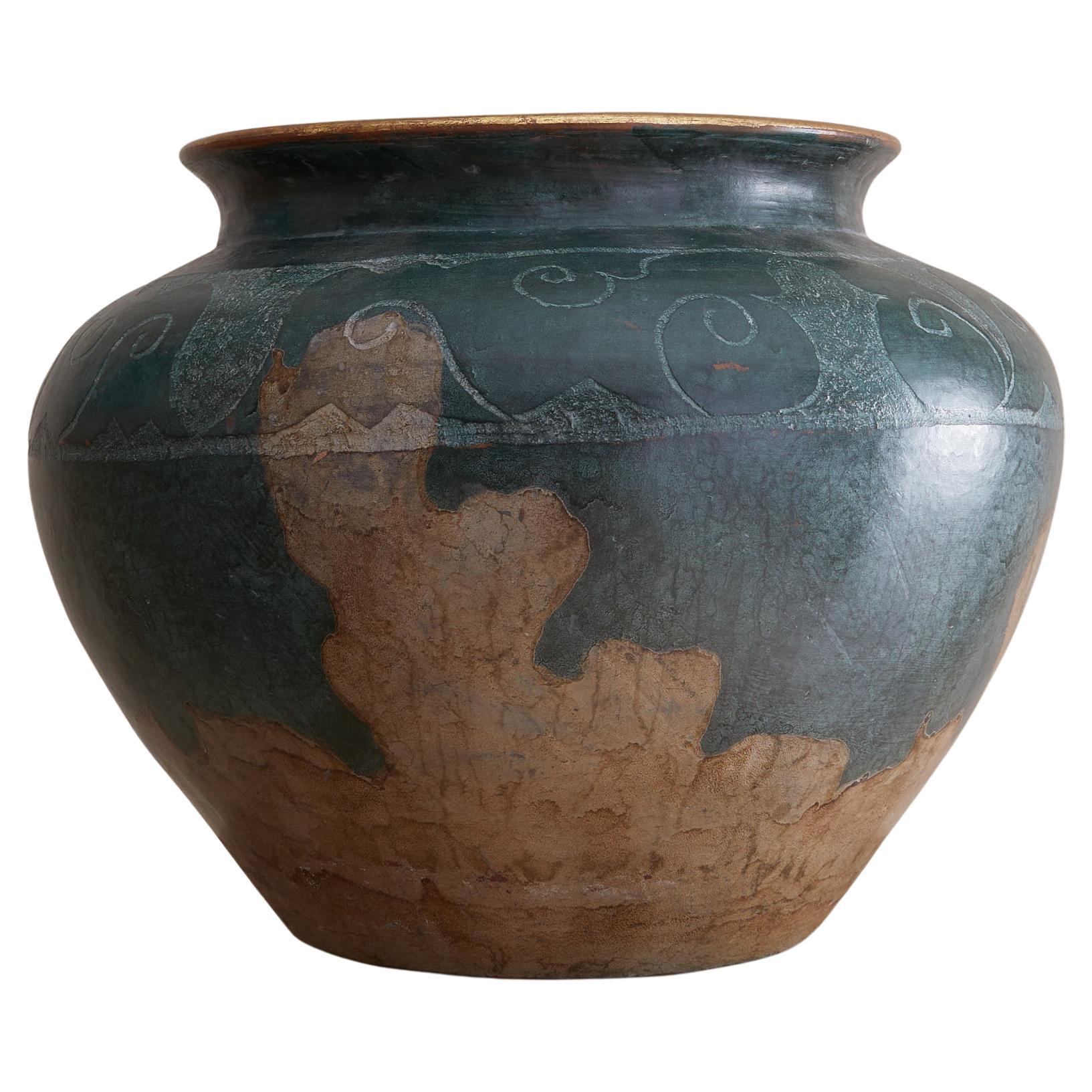 Italian Verdigris Terracotta Vessel with Swirl Motifs, 1940s For Sale