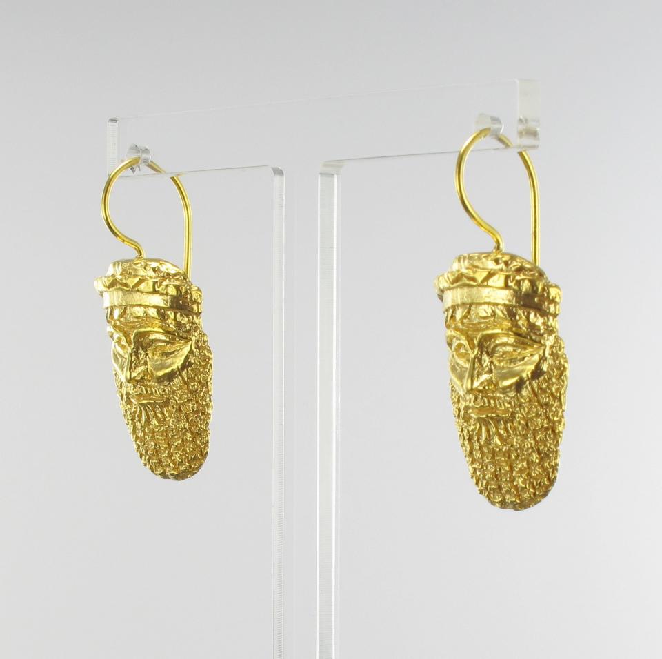 Etruscan Revival Italian Vermeil Antique Mask Drop Earrings