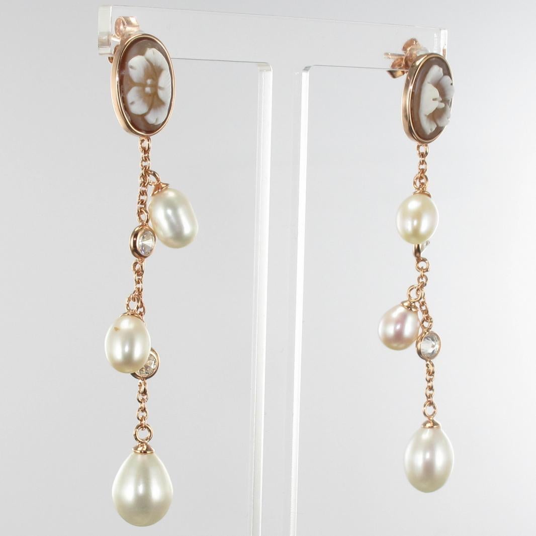 Italian Vermeil Shell Cameo Pearls Crystal Dangle Earrings Damen