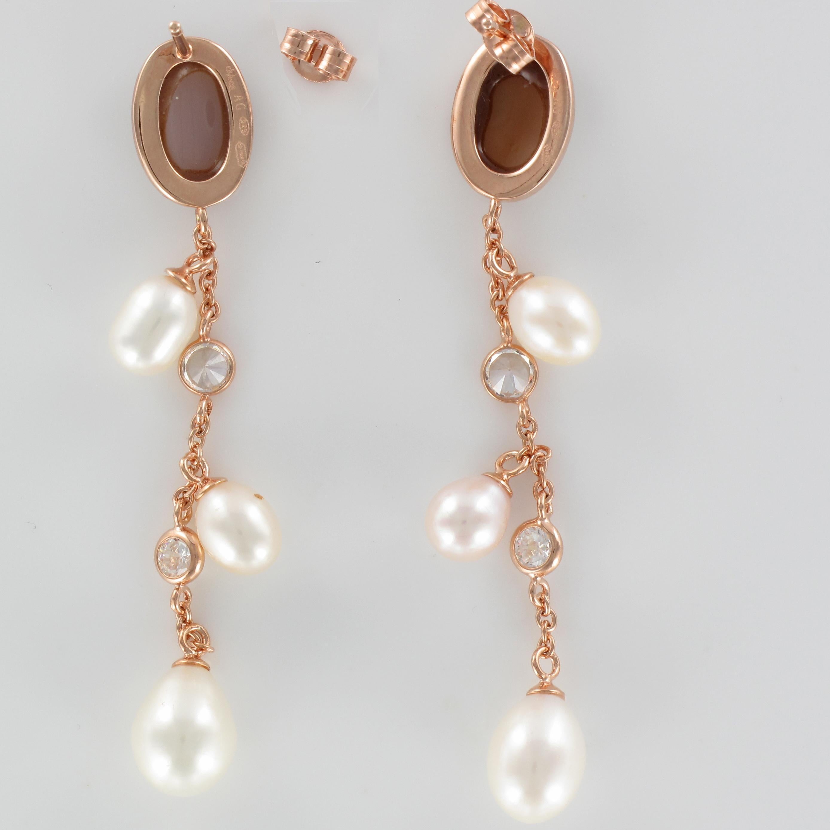 Modern Italian Vermeil Shell Cameo Pearls Crystal Dangle Earrings