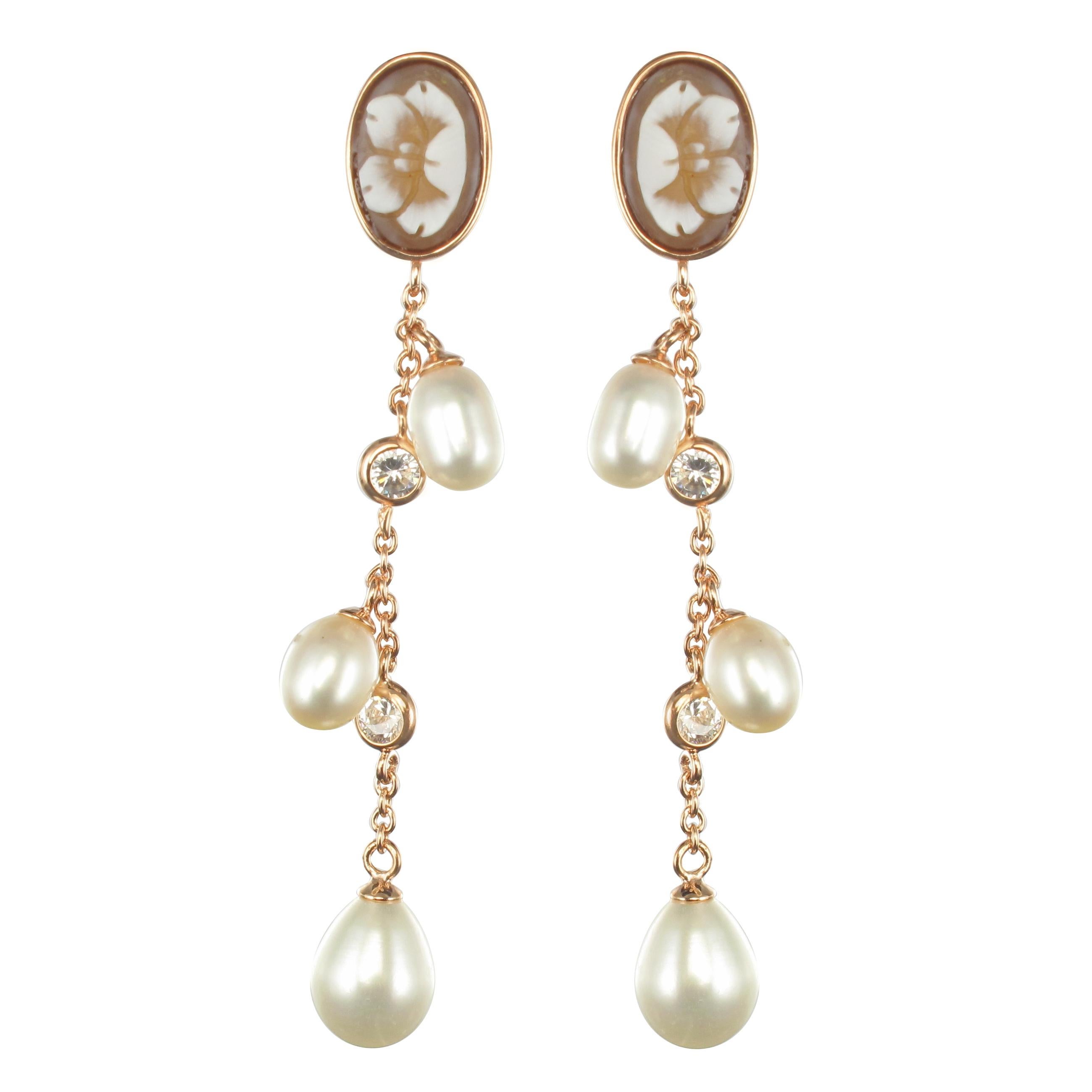 Italian Vermeil Shell Cameo Pearls Crystal Dangle Earrings