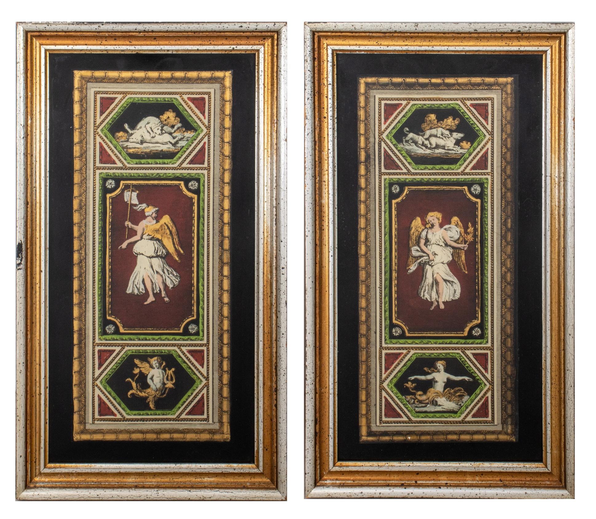 Two Italian Verre eglomise style mounted framed prints, each  with hand colored and gilded prints mounted against a black reverse-painted glass panel, now housed in antiqued gold and silver frames.

Dimensions: 15