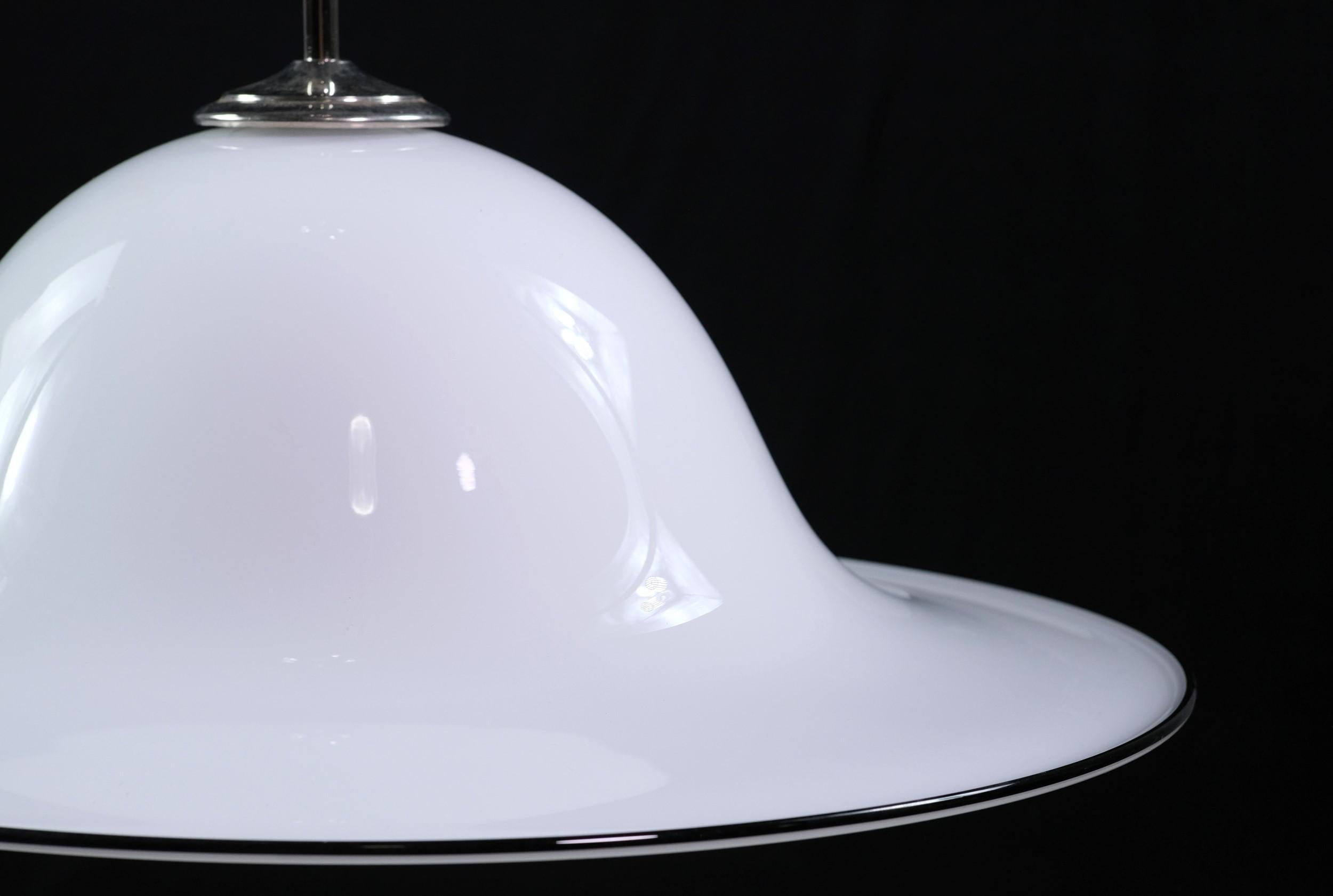 Mid-Century Modern Italian Vetri Murano White Glass Pendant Light Nickel Finish Hardware
