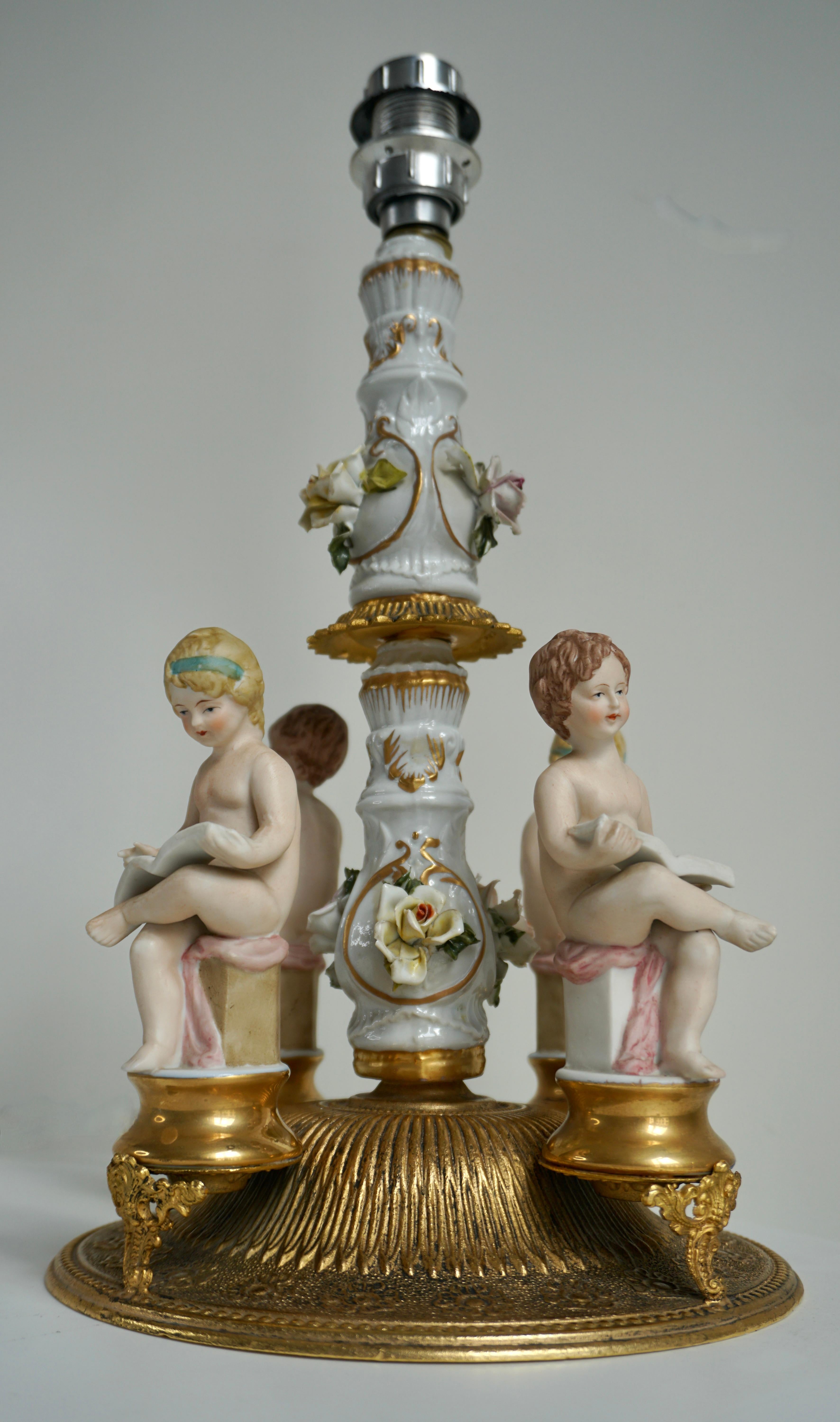 Hollywood Regency Italian Victorian Porcelain Cherub Lamp For Sale