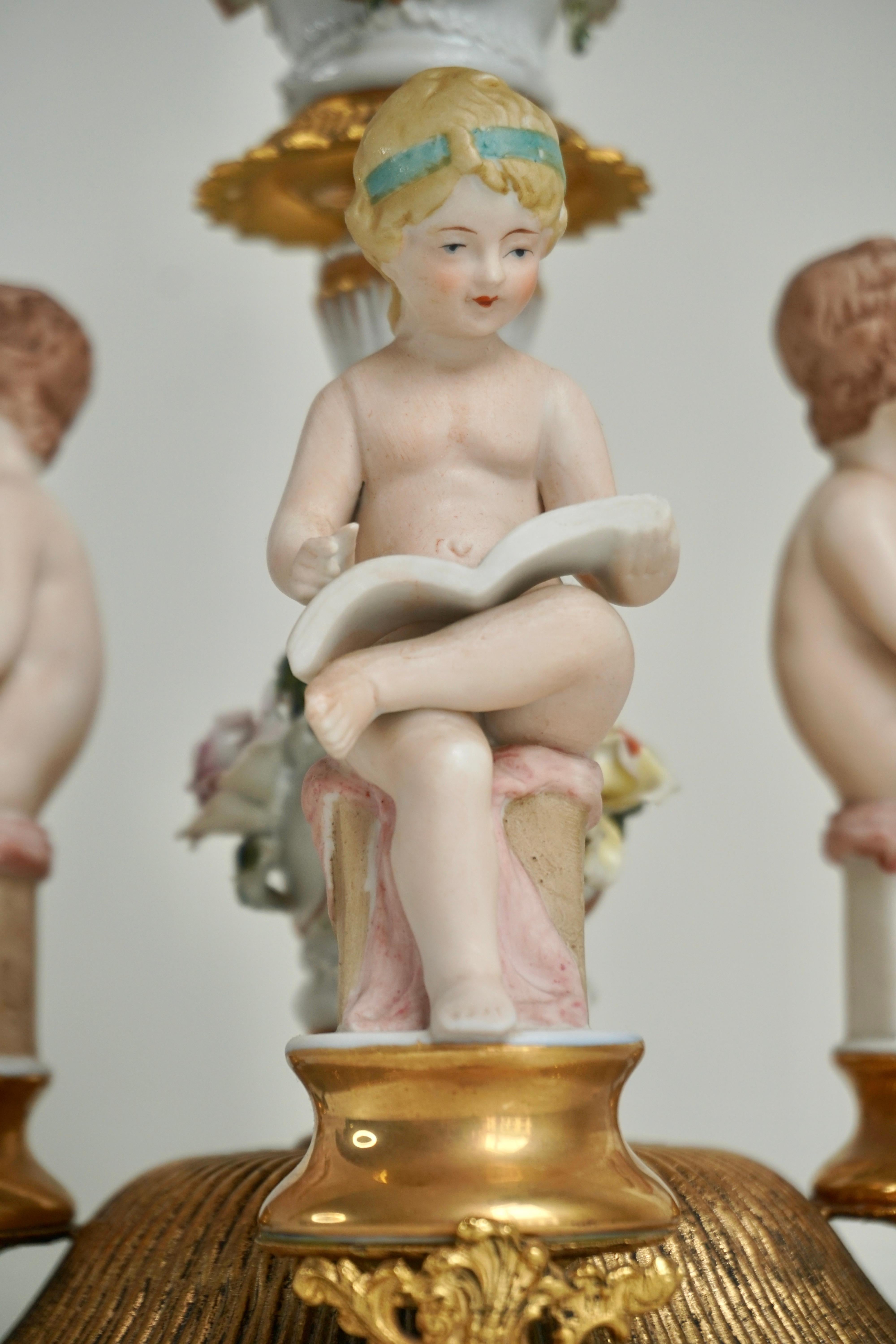 Brass Italian Victorian Porcelain Cherub Lamp For Sale