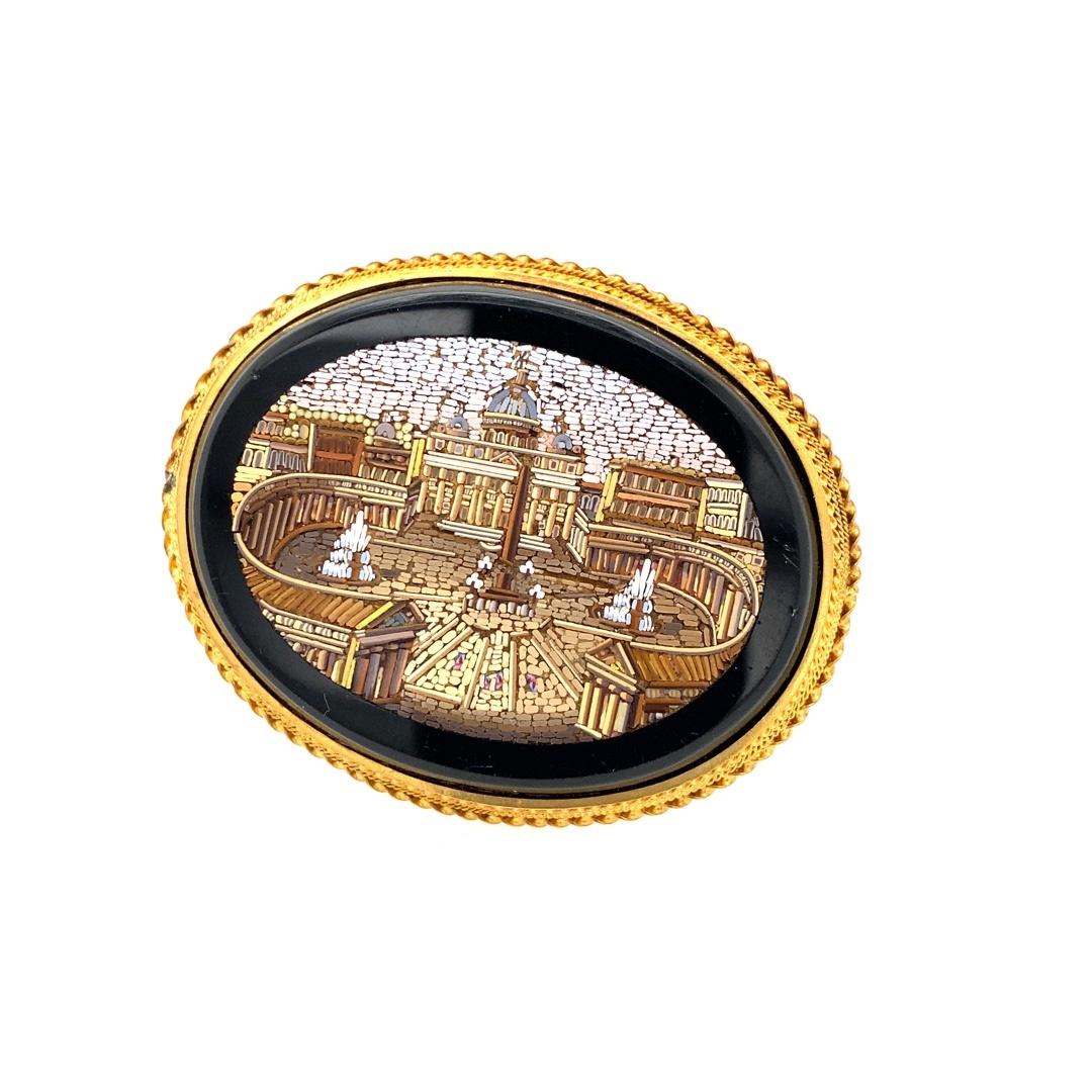 Italian Victorian St. Peter's Square Micro Mosaic Brooch In Good Condition In Towson, MD