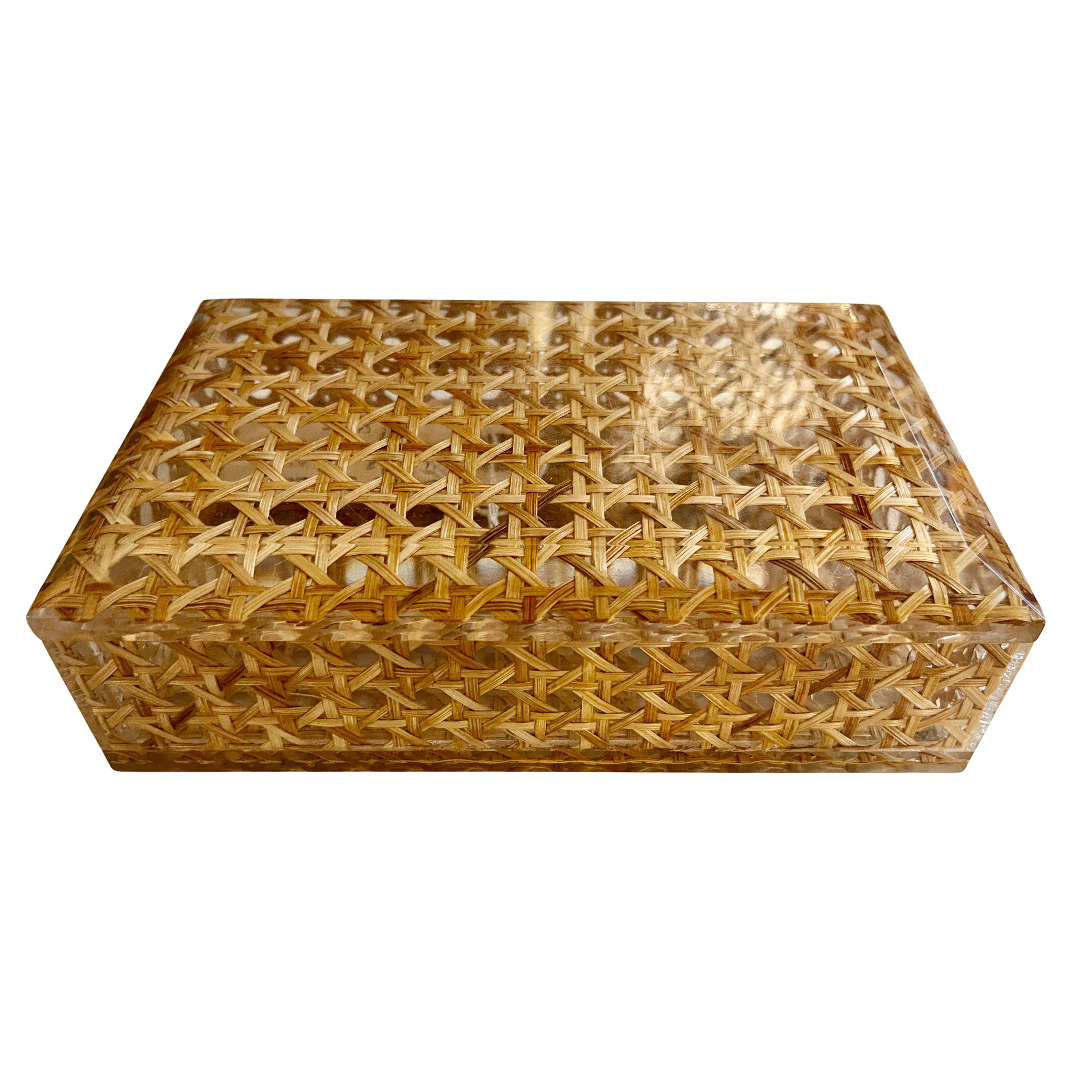 Italian Vienna Straw & Lucite Coffee Table Box, 1960-1970